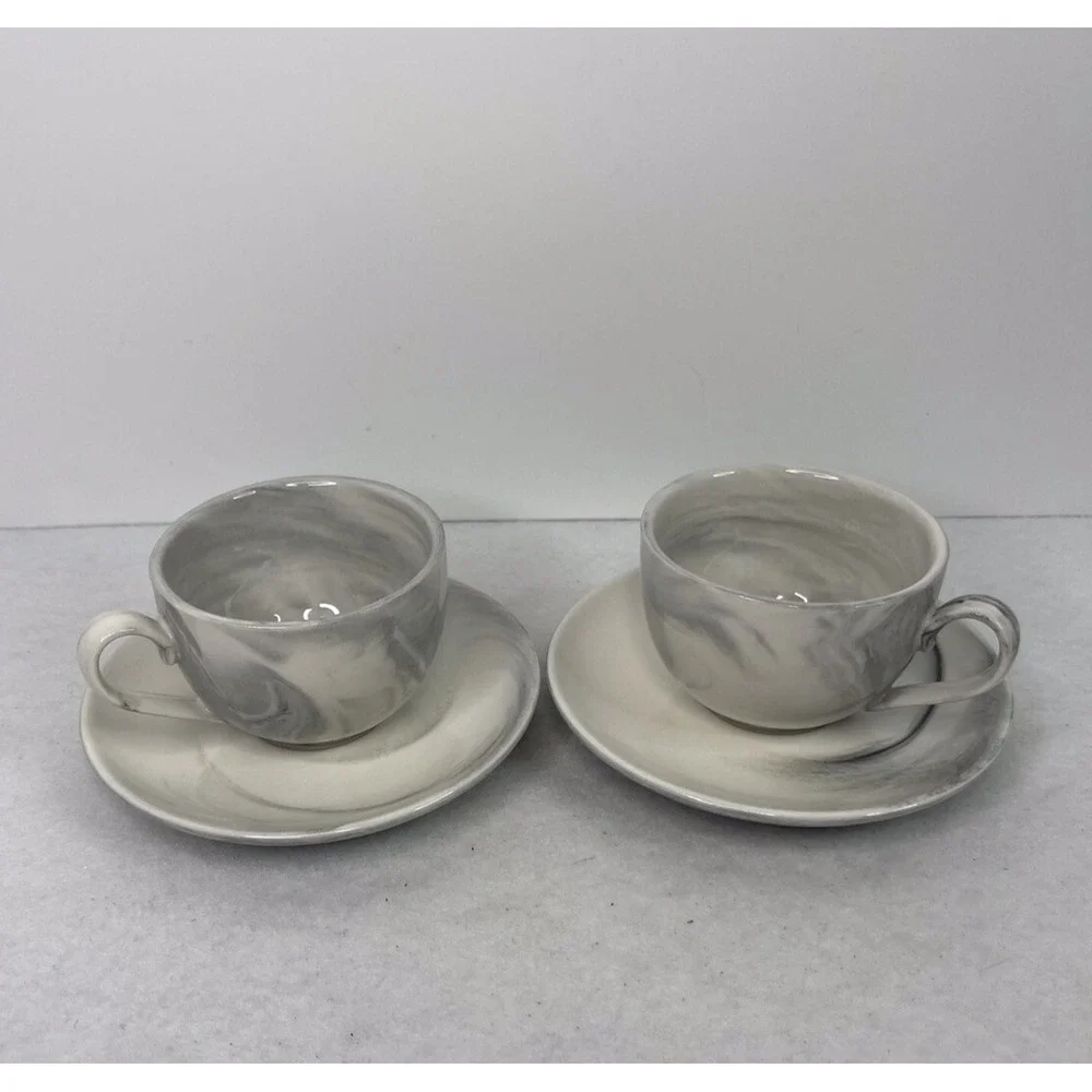 Ciroa Marbled Demitasse  2 Espresso Cups and Saucer set Gray Black White